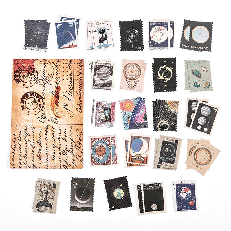 Yoofun 46pcs/pack Vintage Stickers Postage Stamp Sticker Retro Museum Flower Plants Castle Label for Scrapbooking Journal DIY