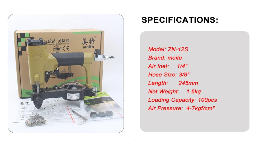 Meite ZN-12S Pneumatic Auto-fed Tack Nailler Sofa Stapler Furniture Decoration Nailler  ForTack Cap Diameter 10.5mm To 11.5mm