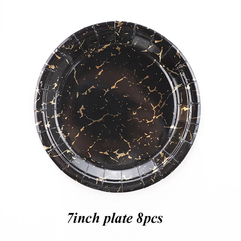 Black Series Gold Blocking Disposable Tableware Party Paper Plates Napkins Cups Straws Birthday Party Wedding New Year Decor