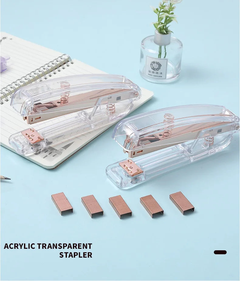 Acrylic Transparent Stapler Rose Gold Color Crystal INS Design 24/6 Staples Stationery Office Binding School Supplies A6331