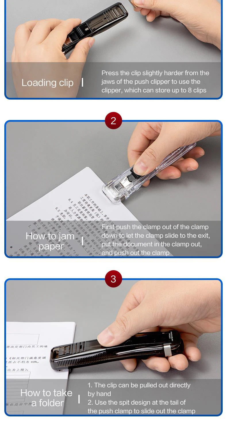 KHINSUN Paper Clipper Staplers Push Clamp File Documents Binding Tool Stapling Machine Paper Clips With Refills Office Supplies