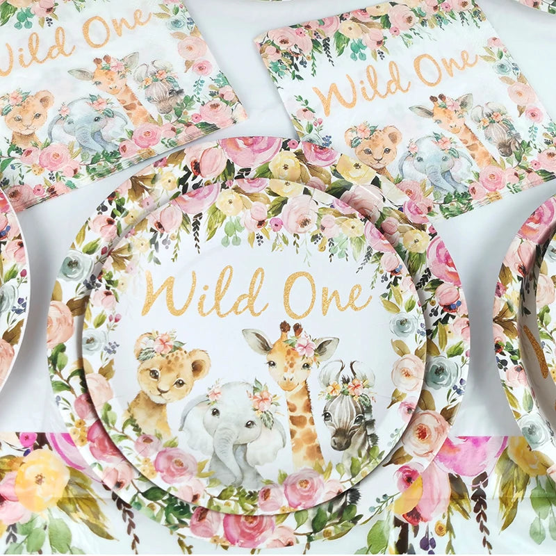 Pink Gold Animal Wild One Birthday Party Tableware Set Forest Decoration One Birthday Jungle Safari Party Supplies