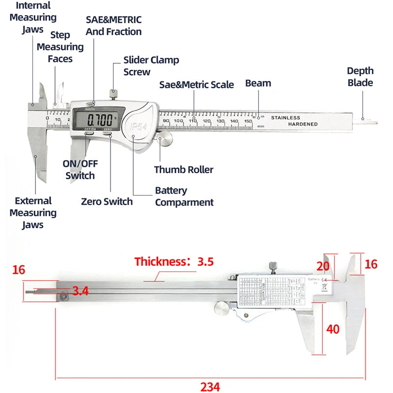 IP54 Calipers Stainless Steel Digital Pachymeter Caliber Measuring Tools Carpenter Tools Electronic Caliper Metal Vernier Ruler