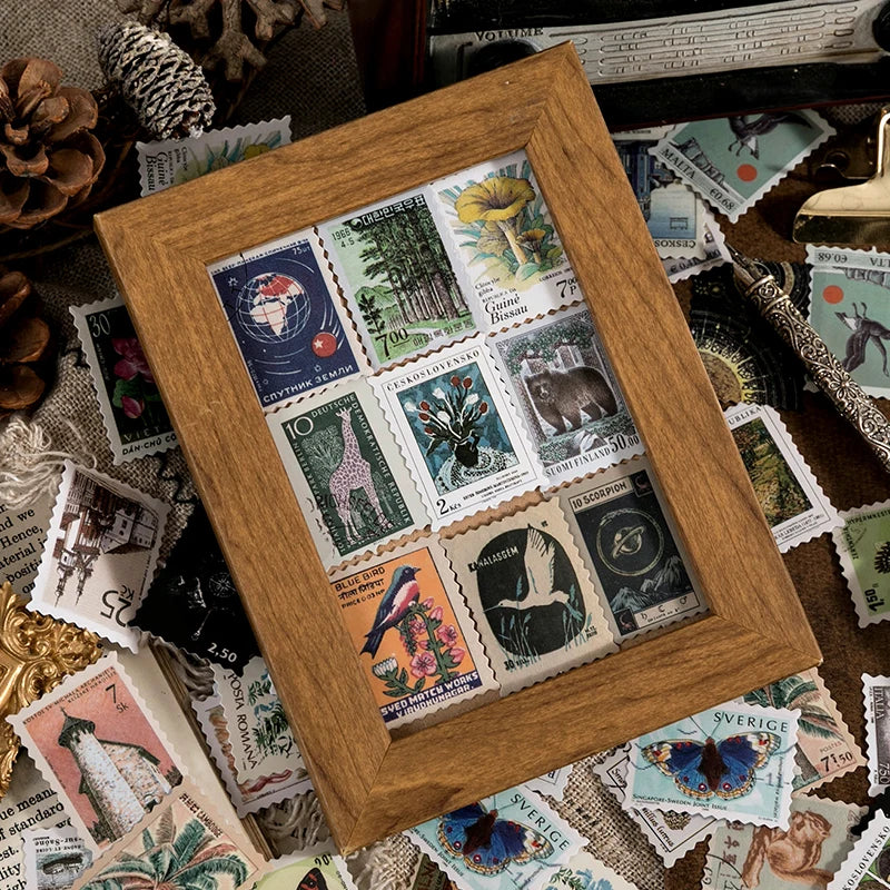 Yoofun 46pcs/pack Vintage Stickers Postage Stamp Sticker Retro Museum Flower Plants Castle Label for Scrapbooking Journal DIY