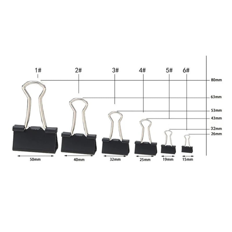 10PCS Metal Paper Clip 19 25 32 41 51mm Foldback Metal Binder Clips Black Grip Clamps Paper Document Office School Stationery