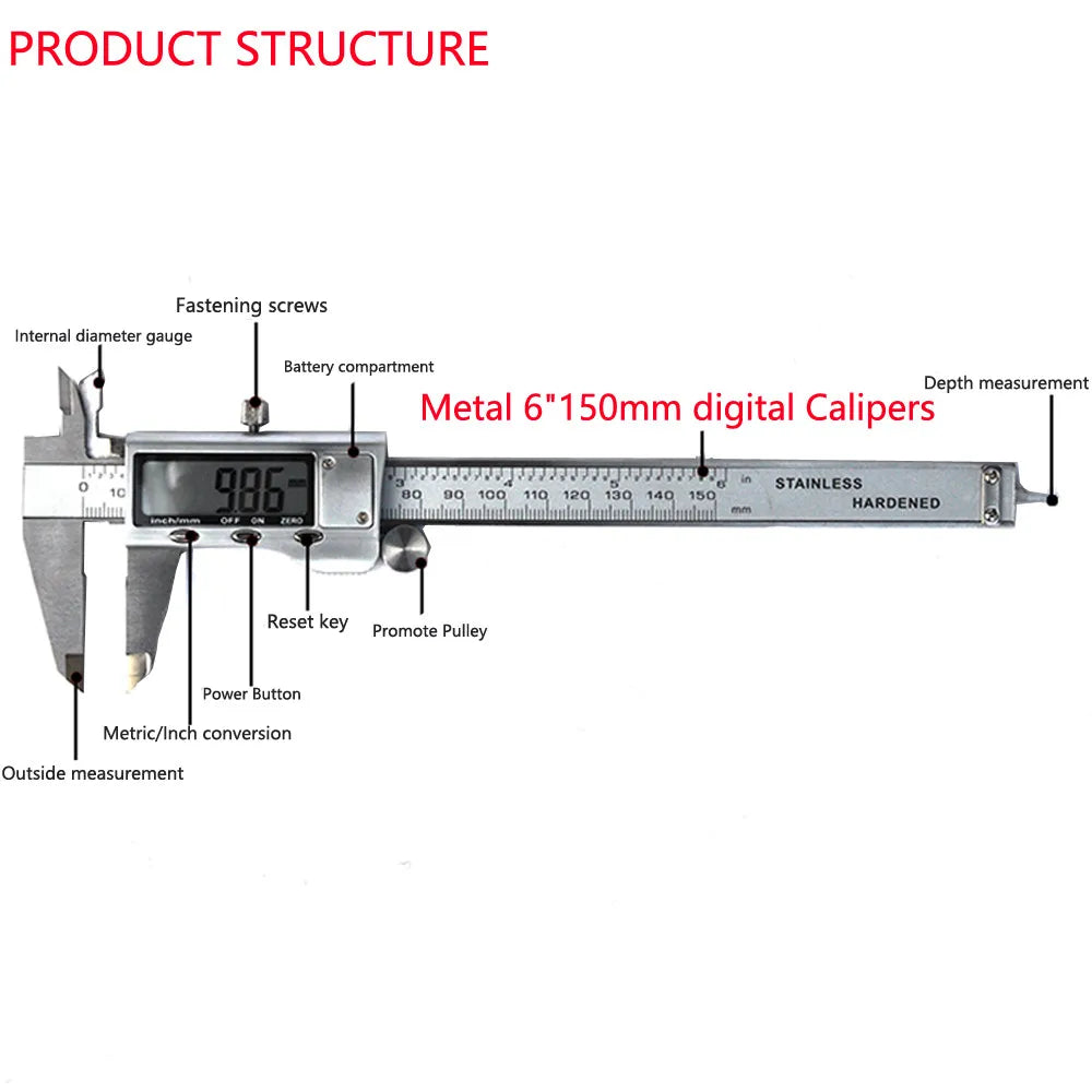 4/6-Inch 100/150mm Big Screen Digital Calipers Stainless Steel Electronic Vernier Caliper Metal Micrometer Measuring Tools
