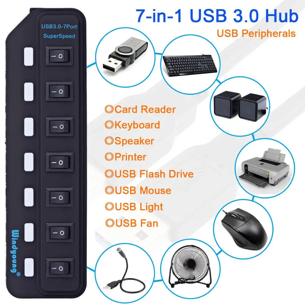 USB 3.0 HUB Multi USB Splitter 4/7 Port Expander High Speed USB 3.0 Hab with Power Adapter USB 3.0 Hub with Switch for Laptop PC