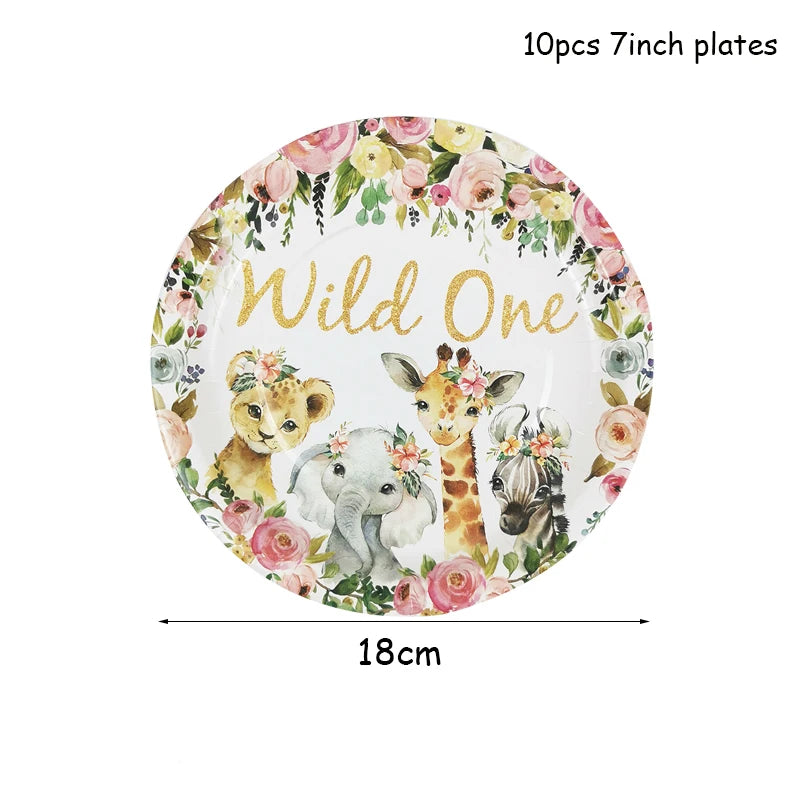 Pink Gold Animal Wild One Birthday Party Tableware Set Forest Decoration One Birthday Jungle Safari Party Supplies