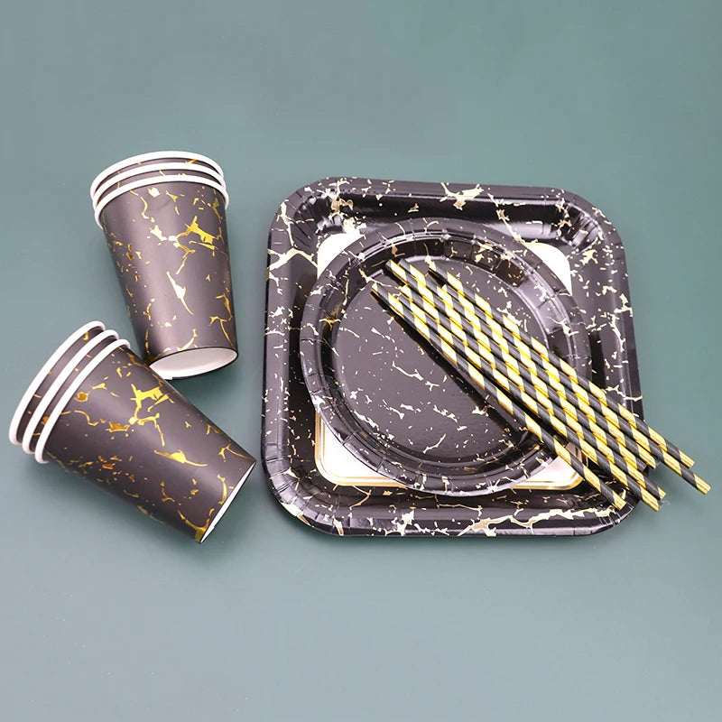 Black Series Gold Blocking Disposable Tableware Party Paper Plates Napkins Cups Straws Birthday Party Wedding New Year Decor