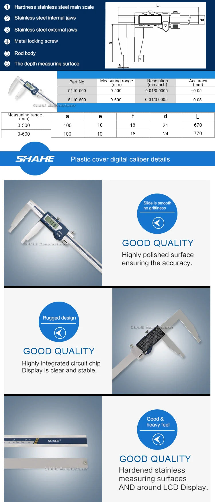 SHAHE 500/600 MM Stainless Steel Electronic Vernier Caliper Digital Vernier Caliper Micrometer Measuring Tools