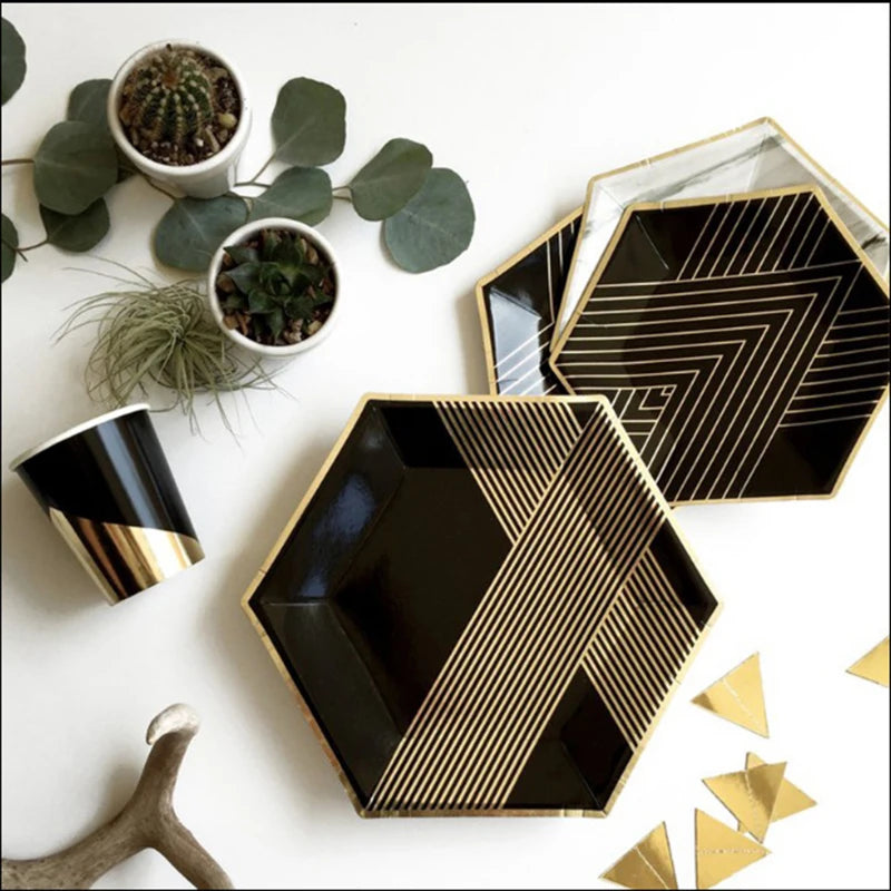 Black Series Gold Blocking Disposable Tableware Party Paper Plates Napkins Cups Straws Birthday Party Wedding New Year Decor