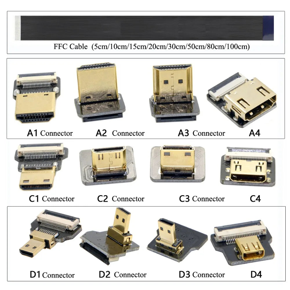 HDMI-compatible, FPV HDMI FFC HDMI Ribbon Cable 90 Degree Mini/Micro HDMI to Standard HDMI PCB Connector 20pin FPV Micro HDMI 5c