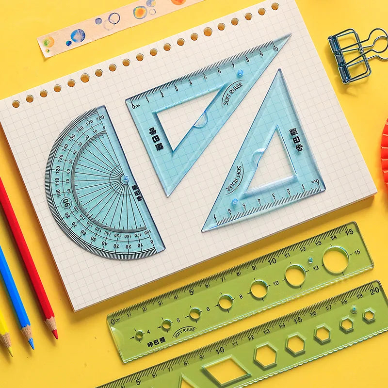 4pcs /set Soft Bendable Straight Ruler 15cm 20cm Protractor Triangular Rule Plastic Child Student Stationery Supplies