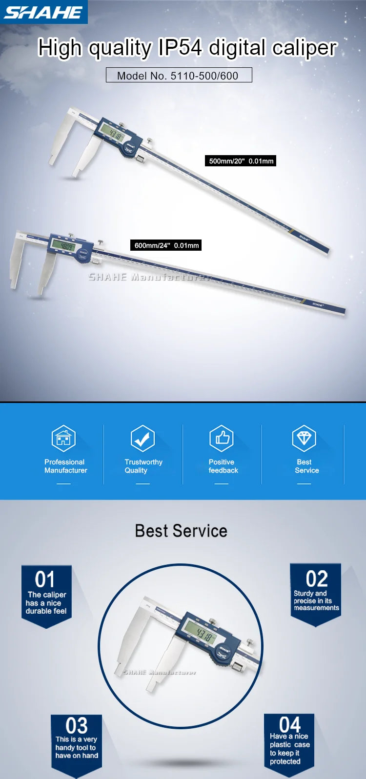 SHAHE 500/600 mm IP54 Digital Caliper Hardened Stainless Steel Vernier Calipers With LCD Display