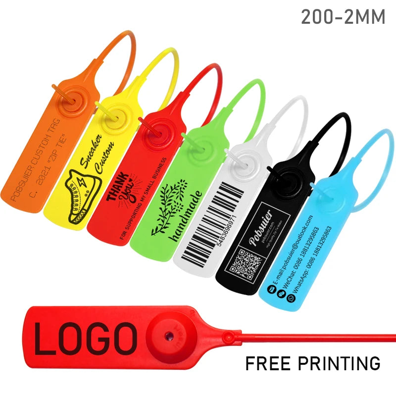 100Pcs Custom Clothing Hang Tags Personalized Plastic Security Seals Logo Print Garment Shoe Clothes Tamper Proof Label 200mm