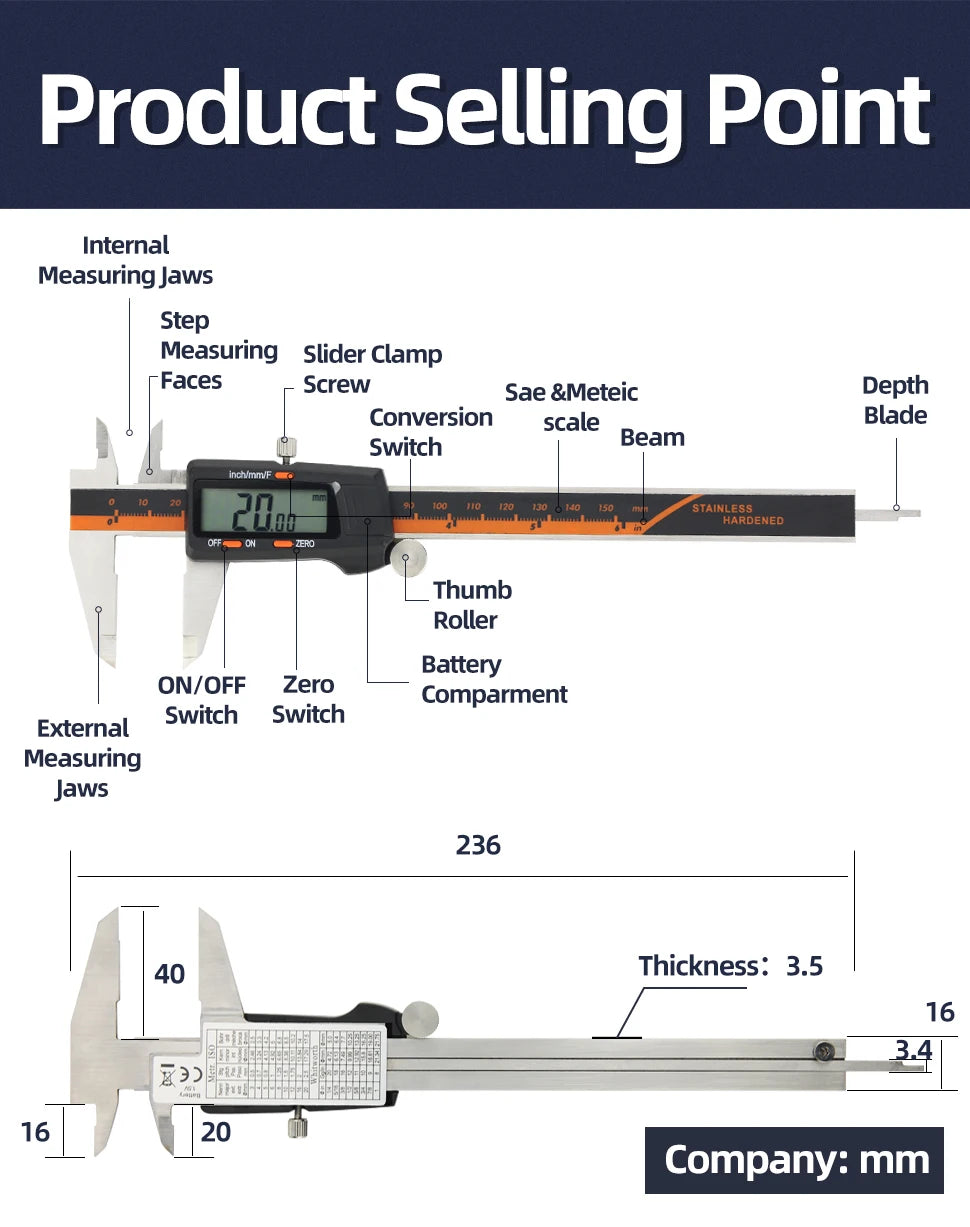 IP54 Calipers Stainless Steel Digital Pachymeter Caliber Measuring Tools Carpenter Tools Electronic Caliper Metal Vernier Ruler