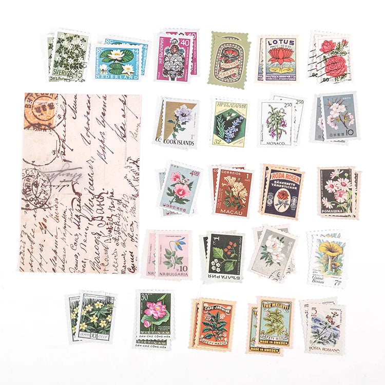 Yoofun 46pcs/pack Vintage Stickers Postage Stamp Sticker Retro Museum Flower Plants Castle Label for Scrapbooking Journal DIY