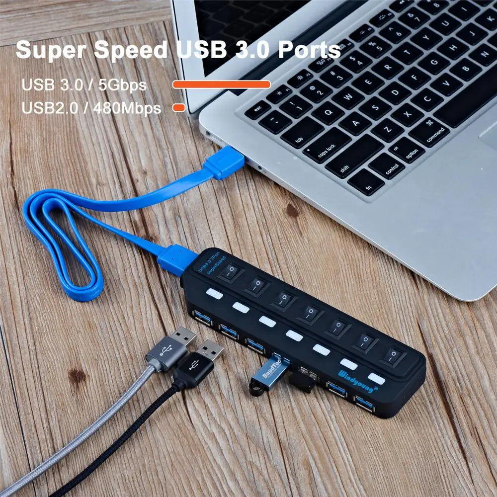 USB 3.0 HUB Multi USB Splitter 4/7 Port Expander High Speed USB 3.0 Hab with Power Adapter USB 3.0 Hub with Switch for Laptop PC