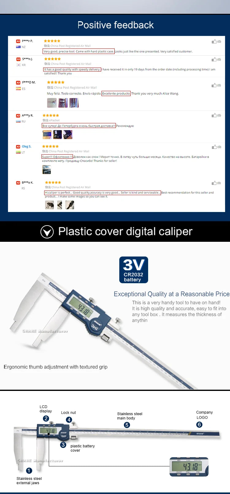 SHAHE 500/600 mm IP54 Digital Caliper Hardened Stainless Steel Vernier Calipers With LCD Display