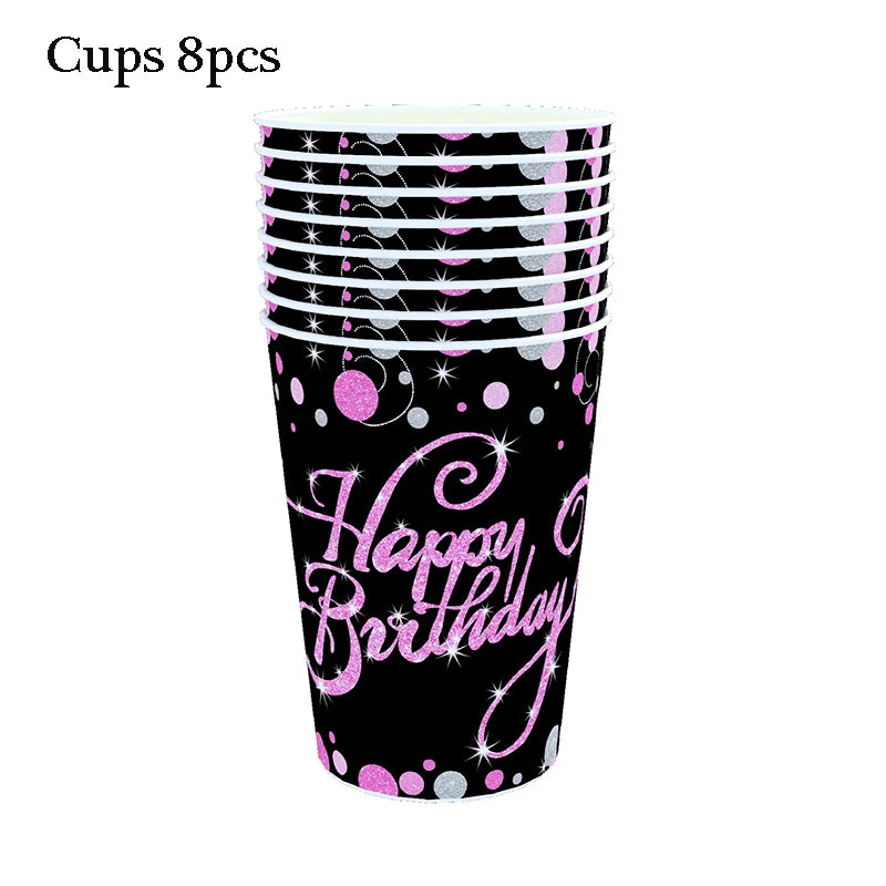 Gold Black Party Happy Birthday Banner Disposable Tableware Pink Paper Cups Plate Napkins For Kids Birthday Party Decor Supplies