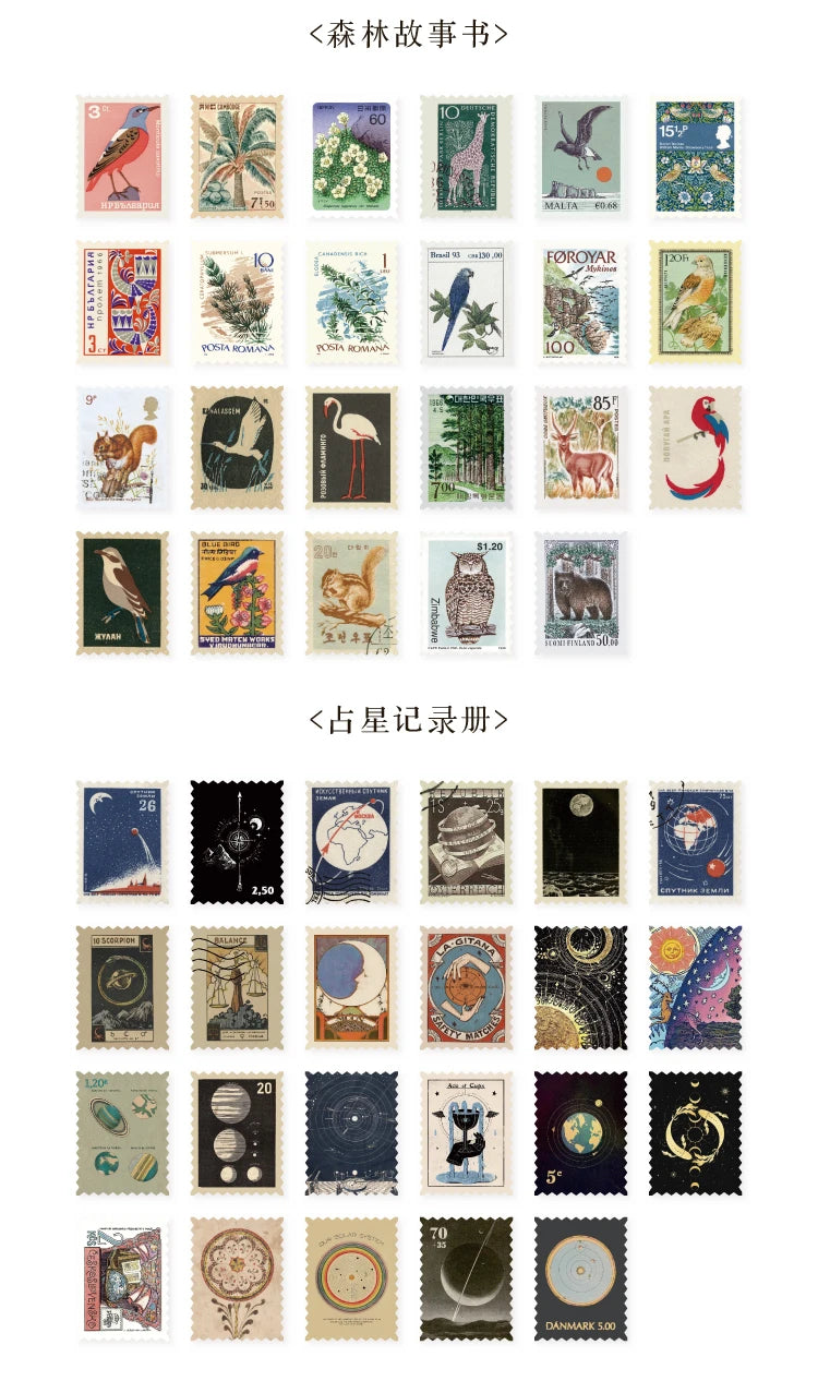 Yoofun 46pcs/pack Vintage Stickers Postage Stamp Sticker Retro Museum Flower Plants Castle Label for Scrapbooking Journal DIY