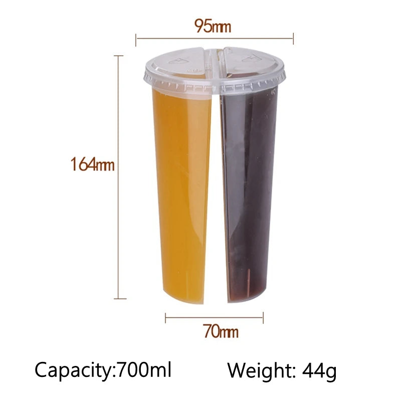 10Pcs 700ml Disposable Plastic Cups with Lids Double Grid Thicken Cup Couple Sharing Drinking Cup for Bubble Tea Boba Smoothie