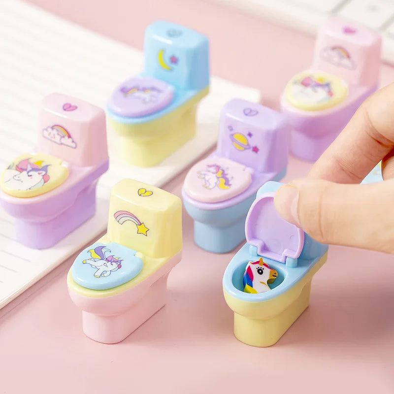 1 Piece Lytwtw's Stationery Pencil Sharpener Creative Toilet Shape Cartoon Unicorn School Supplies Gift Accessories with Eraser