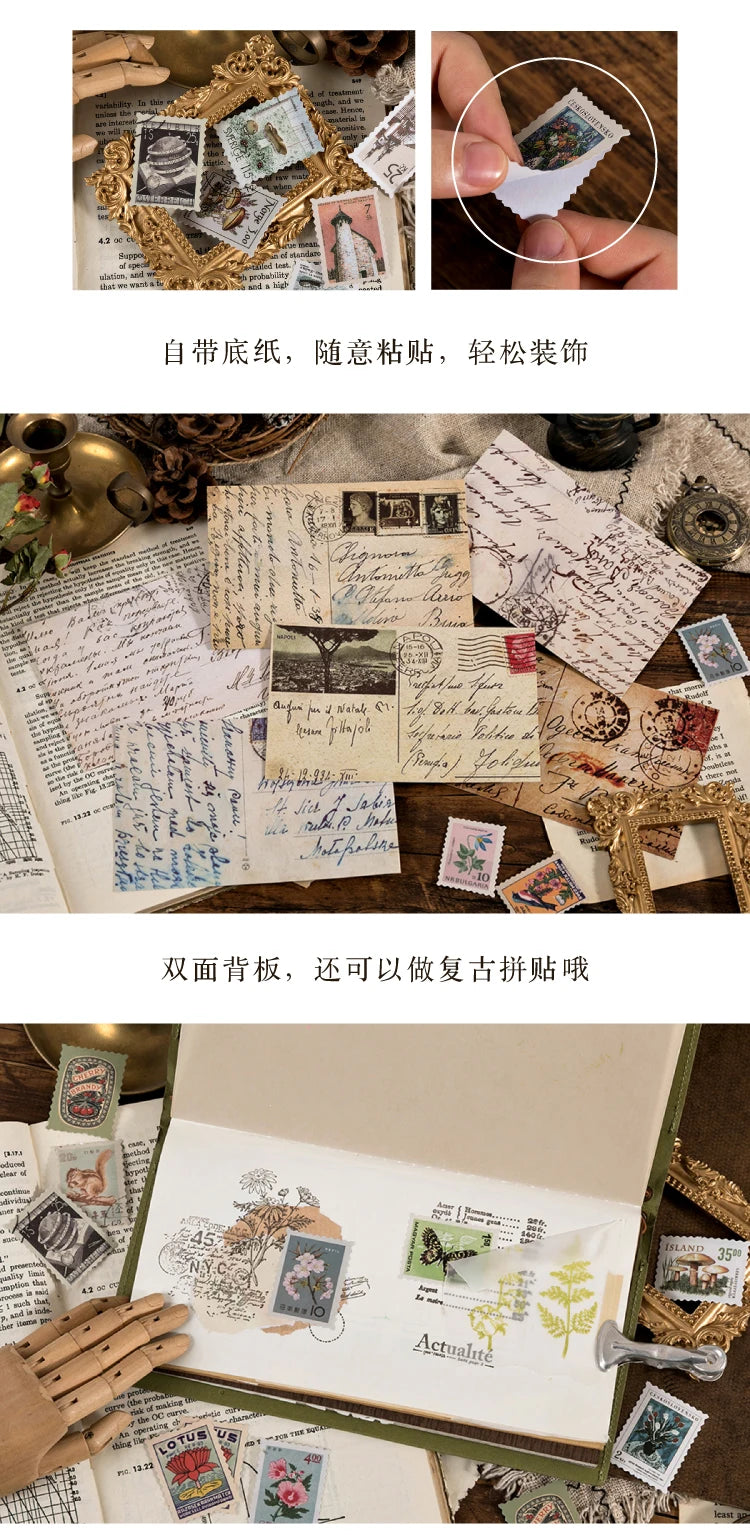 Yoofun 46pcs/pack Vintage Stickers Postage Stamp Sticker Retro Museum Flower Plants Castle Label for Scrapbooking Journal DIY