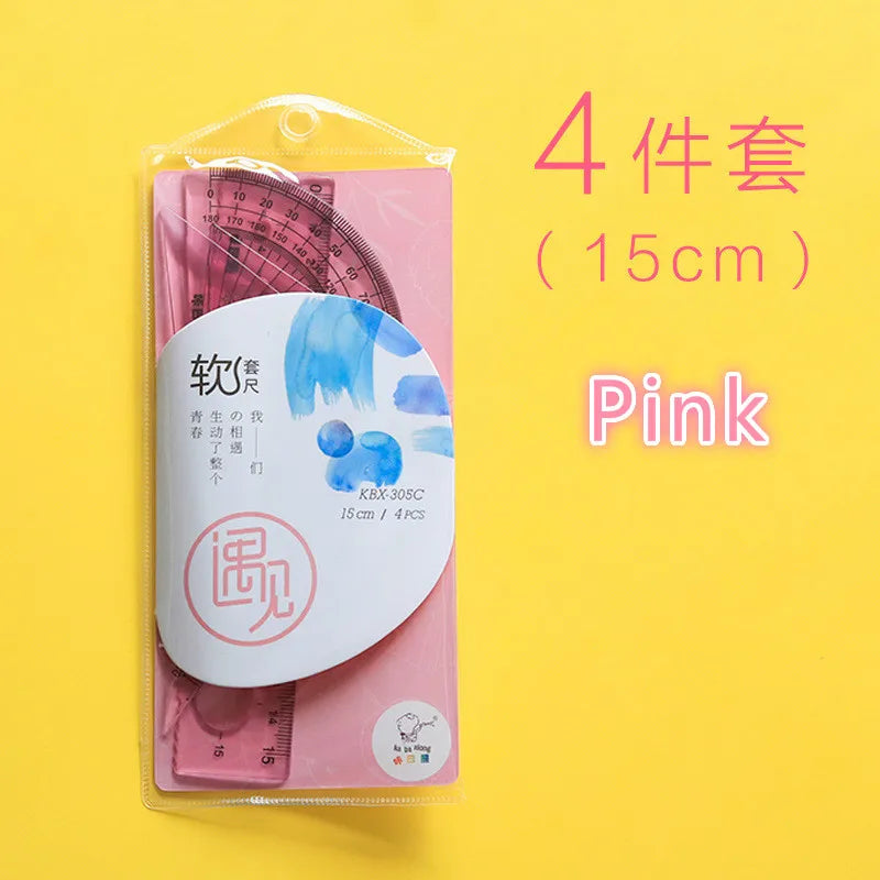 4pcs /set Soft Bendable Straight Ruler 15cm 20cm Protractor Triangular Rule Plastic Child Student Stationery Supplies