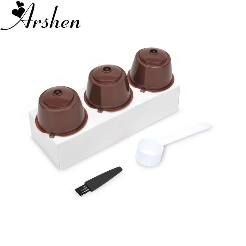 Arshen 3pcs/Set Dolce Gusto Plsatic Refillable Coffee Capsule with Spoon Brush 200 Times Reusable Compatible Nescafe Dolce Gusto