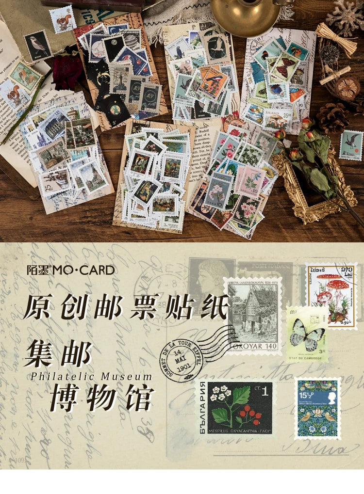 Yoofun 46pcs/pack Vintage Stickers Postage Stamp Sticker Retro Museum Flower Plants Castle Label for Scrapbooking Journal DIY