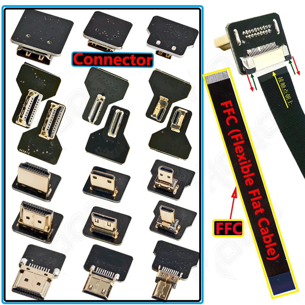 Ribbon FPV HDMI-Compatible Connector Flexible Flat Cable Raspberry Pi 4 Micro HDMI to HDMI/Mini HDMI Female 90 Degree FFC 20pin