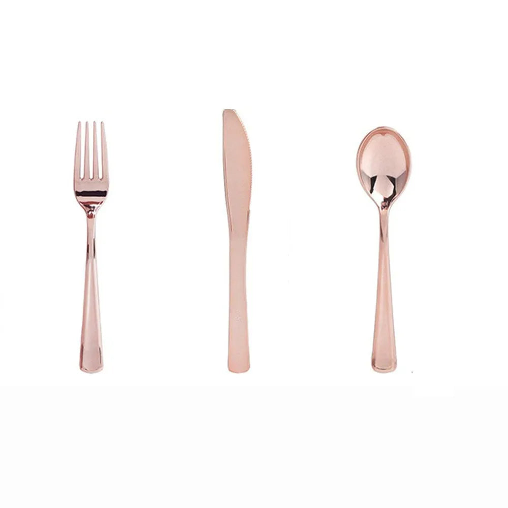 10/16PCS Rose gold disposable tableware table knife fork spoon cutlery birthday party decorations wedding gender reveal supplies