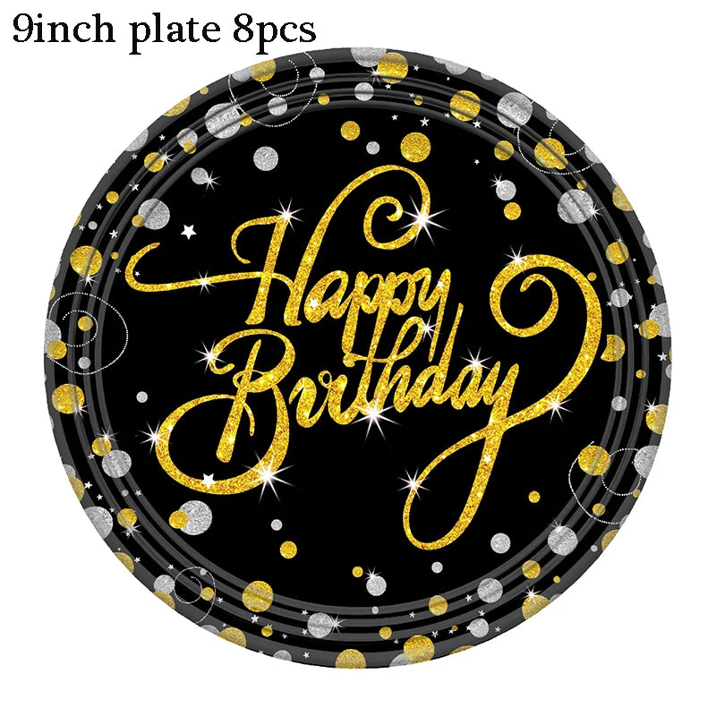 Gold Black Party Happy Birthday Banner Disposable Tableware Pink Paper Cups Plate Napkins For Kids Birthday Party Decor Supplies