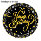 Gold Black Party Happy Birthday Banner Disposable Tableware Pink Paper Cups Plate Napkins For Kids Birthday Party Decor Supplies