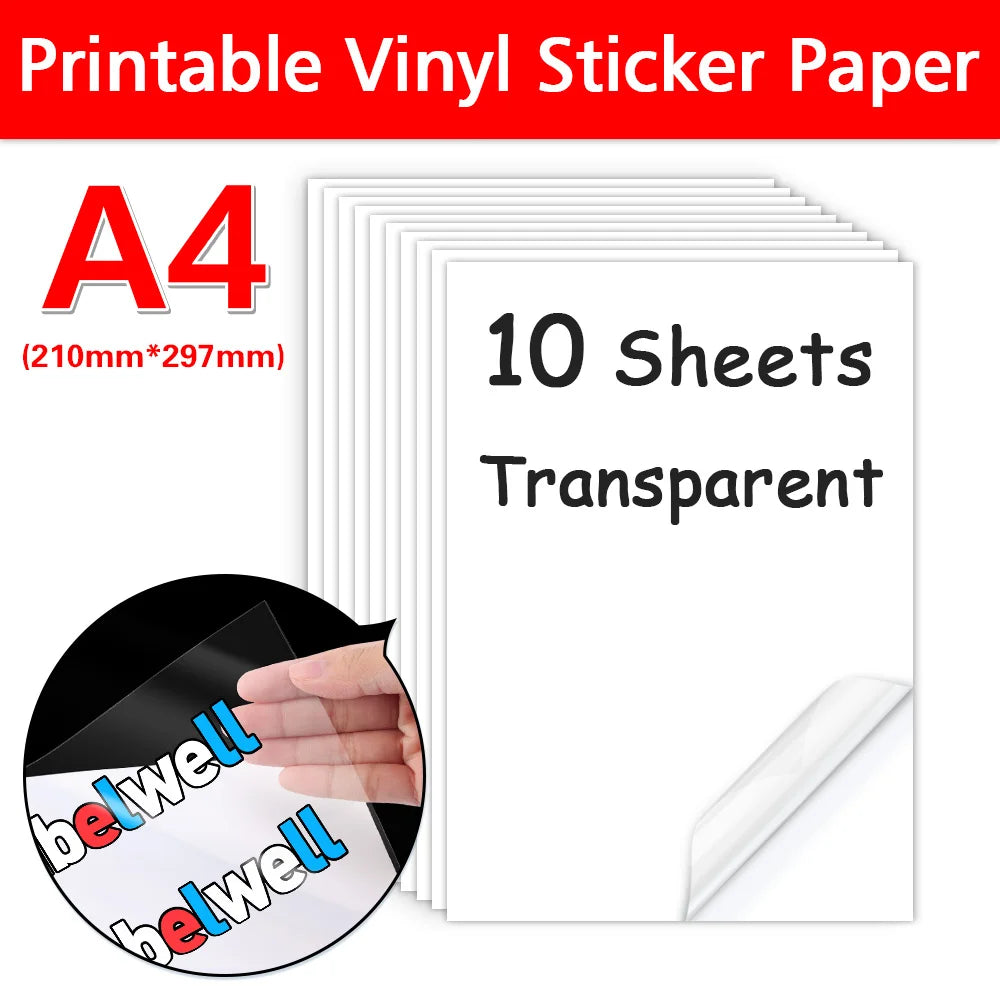 10Sheets Transparent Printable Vinyl Sticker Paper Waterproof A4 Self-Adhesive Copy Paper For Inkjet Printer to DIY Labels Craft