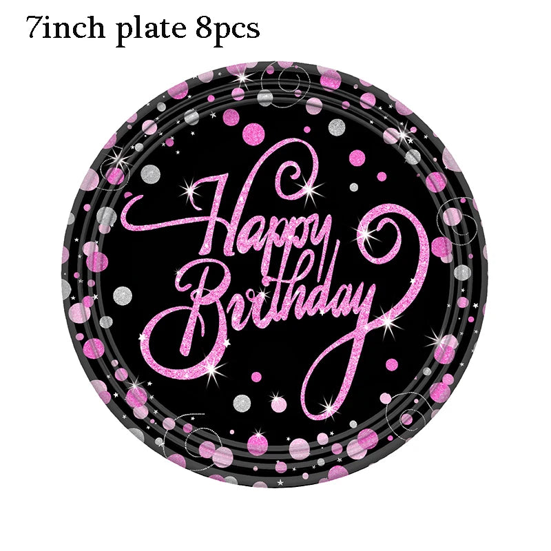 Gold Black Party Happy Birthday Banner Disposable Tableware Pink Paper Cups Plate Napkins For Kids Birthday Party Decor Supplies