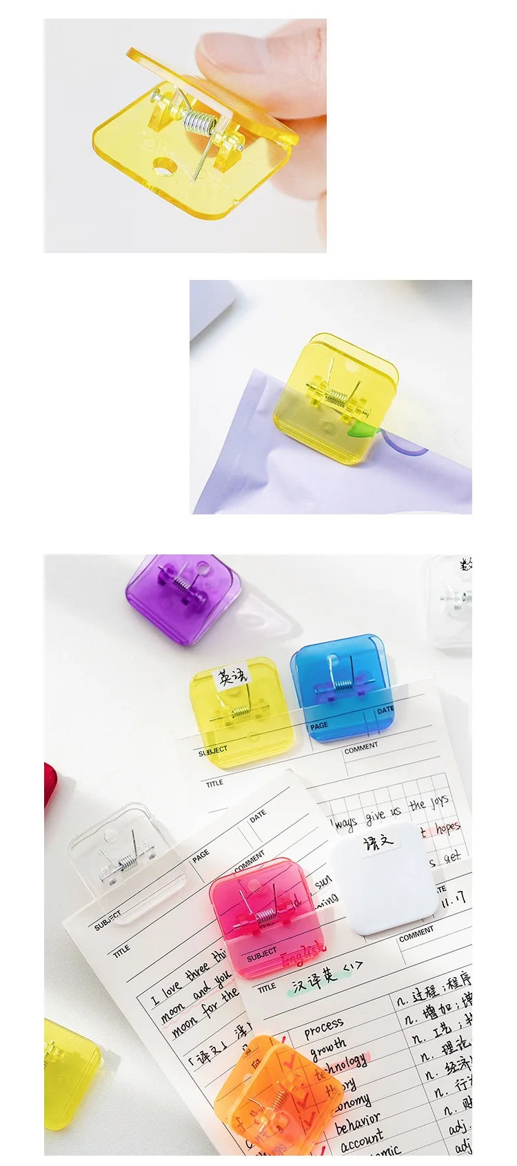 5pcs Candy Mini Square Clips Transparent & Solid Color Page Holder Paper Clip for Memo File Magazine Household A6794