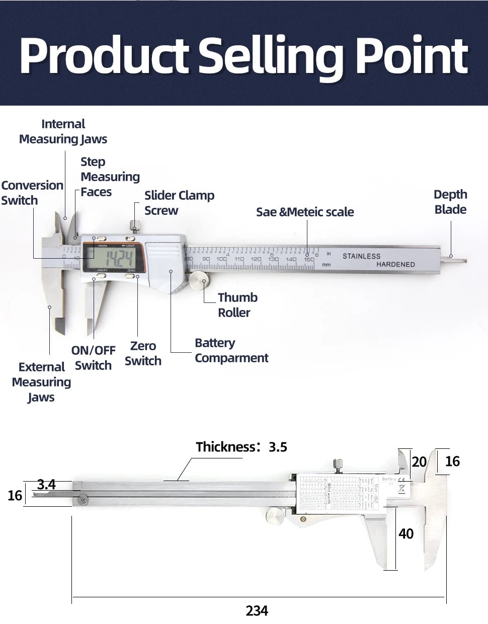 IP54 Calipers Stainless Steel Digital Pachymeter Caliber Measuring Tools Carpenter Tools Electronic Caliper Metal Vernier Ruler