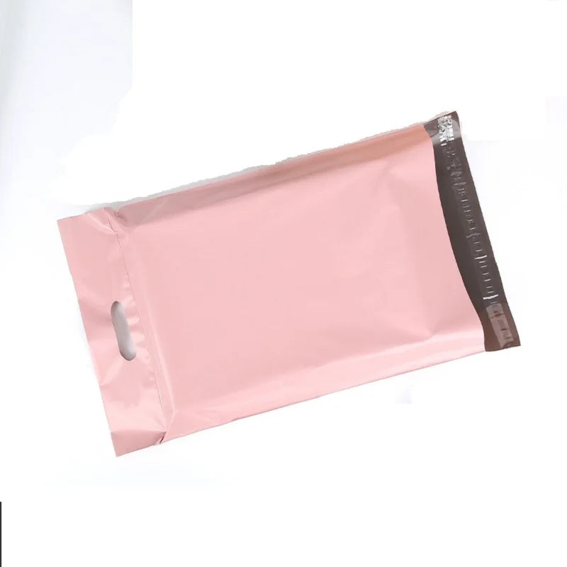 100x Custom LOGO Poly Mailing Bag Pink Mailers Envelopes Plastic Postal Bag Shipping Packages with Handle for Clothing Packaging