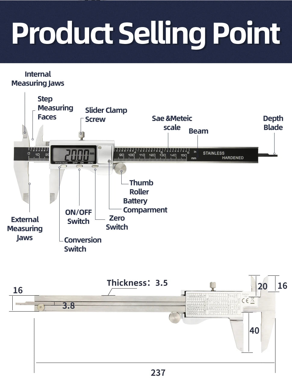 IP54 Calipers Stainless Steel Digital Pachymeter Caliber Measuring Tools Carpenter Tools Electronic Caliper Metal Vernier Ruler