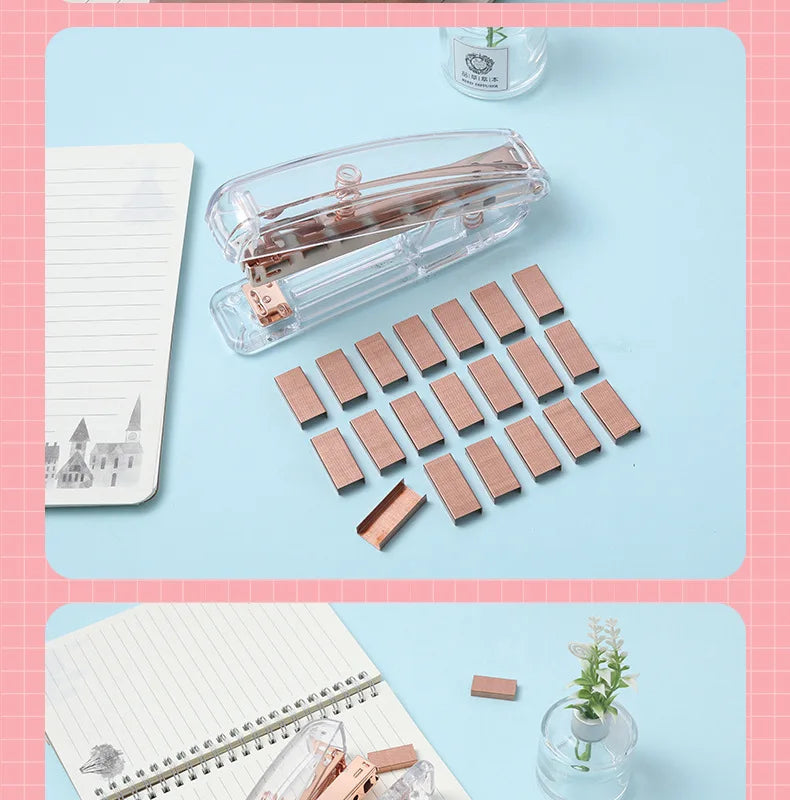 Acrylic Transparent Stapler Rose Gold Color Crystal INS Design 24/6 Staples Stationery Office Binding School Supplies A6331