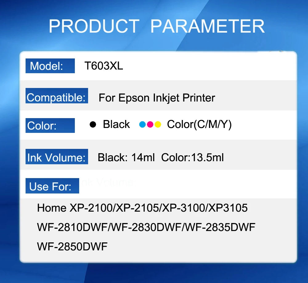 603XL Ink Cartridges for Epson 603 T603XL XP 2100 for Epson XP-3100 XP-2100 WF-2810 XP-3105 XP-4100 WF-2830 XP-2105 Printer