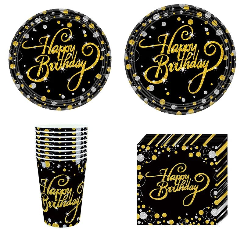 Gold Black Party Happy Birthday Banner Disposable Tableware Pink Paper Cups Plate Napkins For Kids Birthday Party Decor Supplies