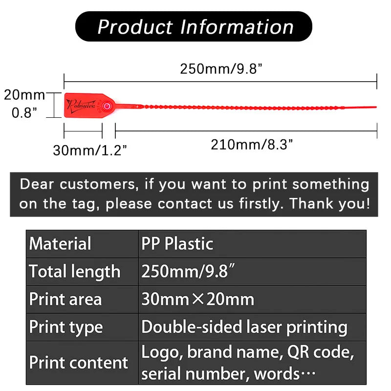 100 Custom Print Hang Tags Beaded Plastic Cable Zip Ties Garment Clothing Shoe Bag Security Brand Logo Tag Label Seal 250mm/9.8"