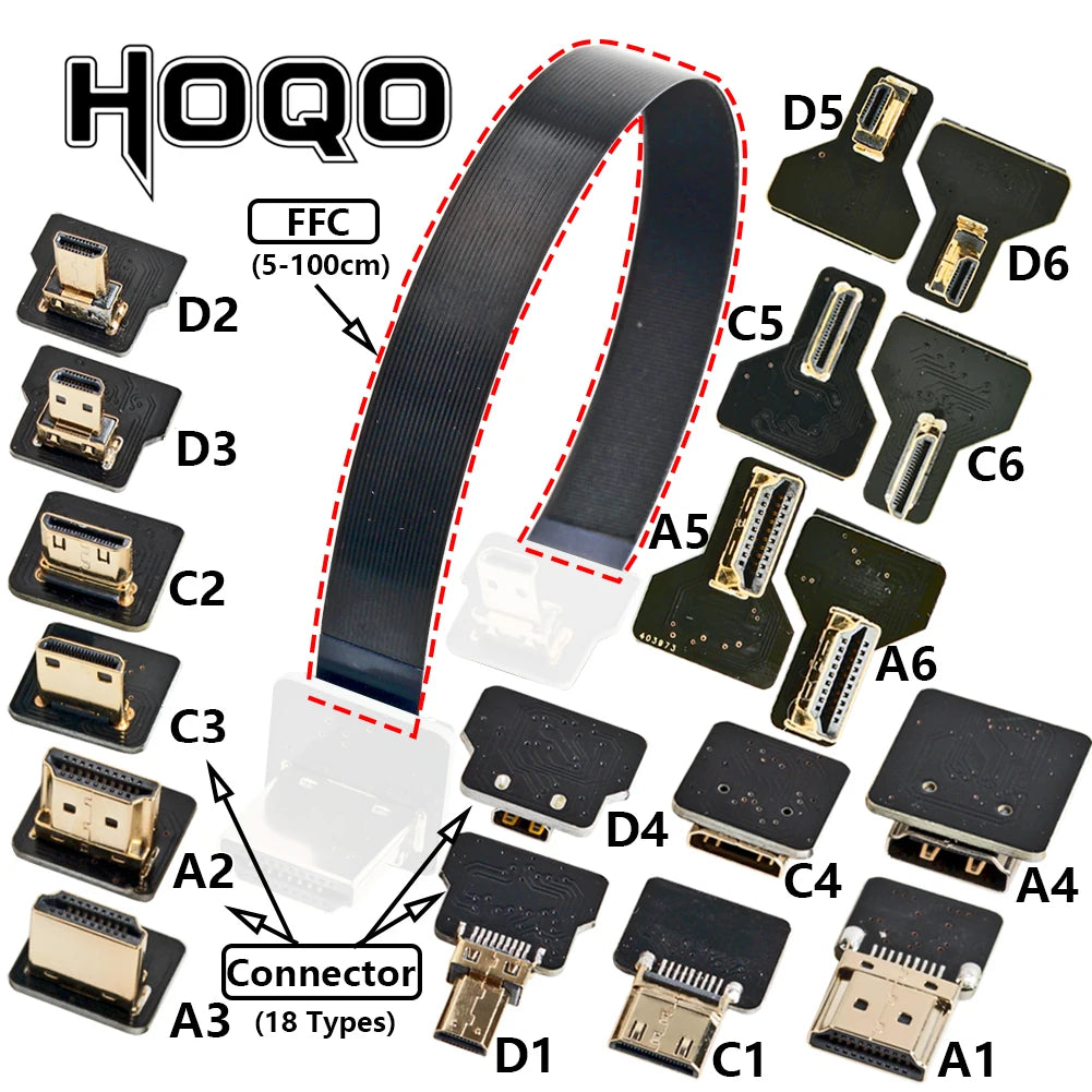 HDMI-compatible, FPV HDMI FFC HDMI Ribbon Cable 90 Degree Mini/Micro HDMI to Standard HDMI PCB Connector 20pin FPV Micro HDMI 5c