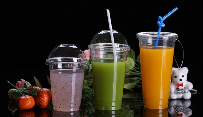 100PCS Plastic Cups With Dome Lids for Iced Cold Drink Coffee Tea Smoothies Sodas Water Party Disposable Tableware dessert cups