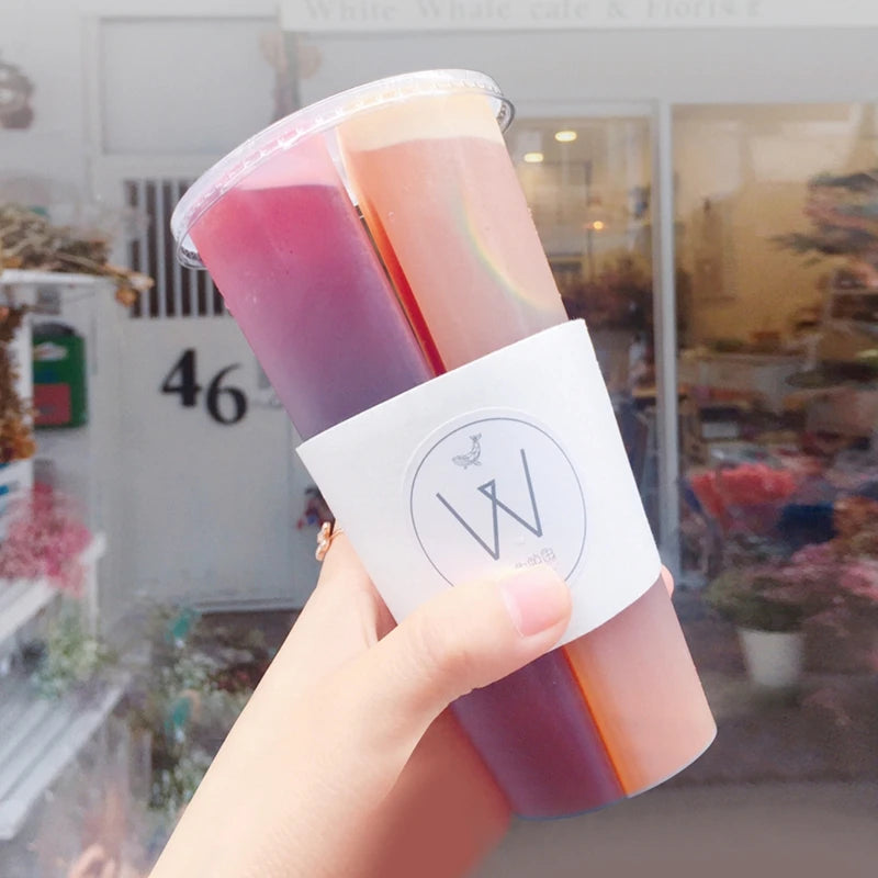 10Pcs 700ml Disposable Plastic Cups with Lids Double Grid Thicken Cup Couple Sharing Drinking Cup for Bubble Tea Boba Smoothie