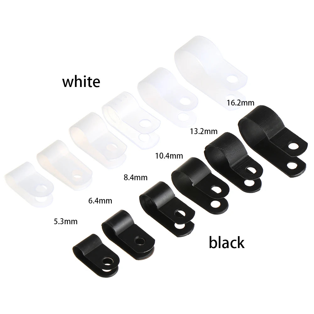 100PCS R-Type Nylon Cable Clamp Plastic P Clips Black Nylon Fasteners Cable Mounting Fix Hardware Electrical Fittings