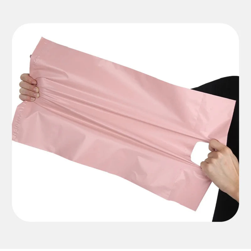 100x Custom LOGO Poly Mailing Bag Pink Mailers Envelopes Plastic Postal Bag Shipping Packages with Handle for Clothing Packaging